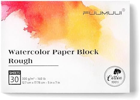 Fuumuui 5×7 Watercolor Paper Block, Textured Rough 100% Cotton Watercolor Paper, 140lb/300gsm, 30 Sheets, Acid-Free, Art Paper for Painting & Drawing, Wet, Mixed Media, Rough Grain