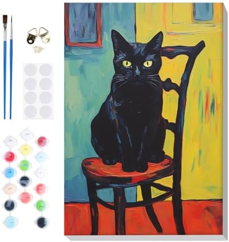Bowetile Framed Paint by Numbers Kit for Adults Beginner, Black Cat Adults' Paint-by-Number Kits on Canvas, Easy Acrylic Number Painting Kits Home Wall Decor Birthday Gifts, 8x12 in