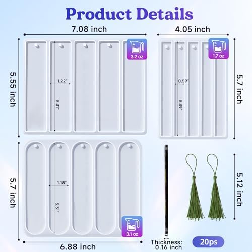 LET'S RESIN Bookmark Silicone Molds Set - 3 Shapes with 20Pcs Tassels