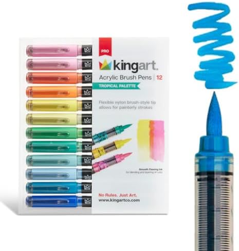 KINGART PRO 12-Piece Acrylic Paint Brush Pen Set – Tropical Colors – Flexible Nylon Brush Tip for Detailed Illustration and Lettering – Water-Based Opaque Art Markers for Multi-Surface Use