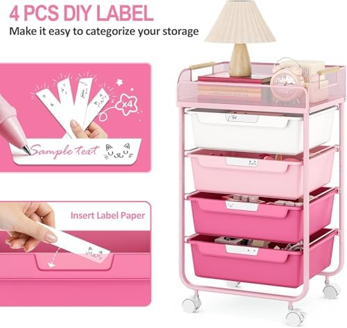 SYKIARIOL 4-Drawer Rolling Storage Cart with Mesh Top, Rose Pink