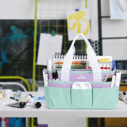 JJRING Craft Organizer Tote Bag Art Storage Caddy Green and Purple | With Multiple Pockets For Sewing, Scrapbooking, School, Medical, And Office Supplies