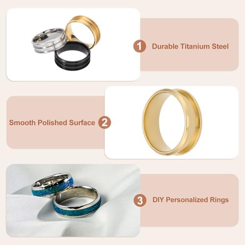MECCANIXITY 3 Pcs Titanium Steel Ring Blank, 8mm Width Grooved Inlay Ring Blanks for Jewelry Making DIY Craft Supplies(Black/Gold/Silver, Size 10)