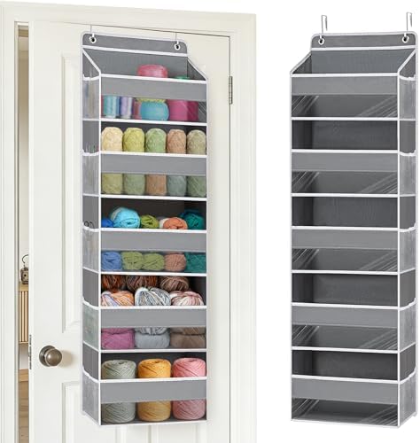Over the Door Organizer, Hanging Yarn Storage, Large Capacity Knitting Organizer with 5 Mesh Side Pockets, Hanging Shelves for Yarn,Crochet Accessories and Knitting Supplies,Gray