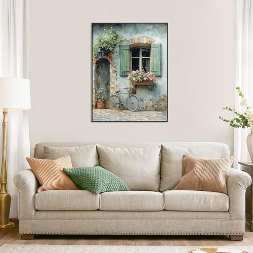 Accompany Wind Diamond Painting Kits for Adults, Windows Bicycle Flower Diamond Art Kits for Beginners,5D Round Full Drill Diamonds Gem Art Crafts for Home Wall Decor Gifts 12x16 Inch