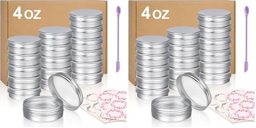 Aluminum Tin Cans, 24pcs 4 OZ Metal Round Tins Containers with 4pcs Stickers and A Double-ended Scraper Set for Candles Making and Storage (Pack of 2)