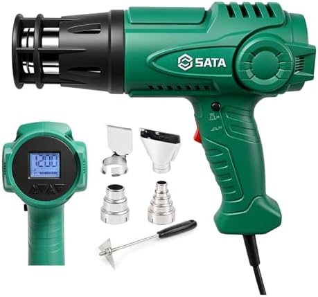SATA Heat Gun with LCD Display, Variable Temperature 120℉-1200℉ Hot Air Gun with Memory Function and One-Touch Cooling for Vinyl Wrap, Paint Remover, Heat Shrink and Crafts, Anti-Scald Air Nozzle