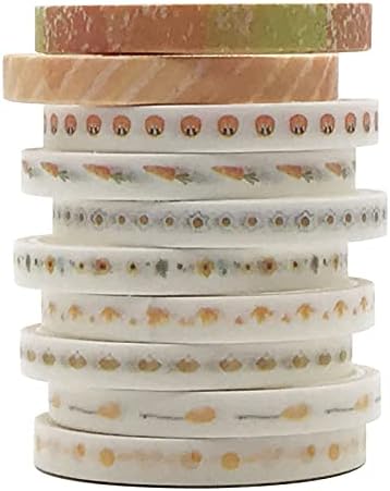 Vintage Pattern 5mm Wide Skinny Washi Tapes Set, 10 Rolls Minimalist Yellow Japanese Masking Decorative Tapes for Bullet Journal Planners DIY Decor Crafts Arts Scrapbooking Adhesive