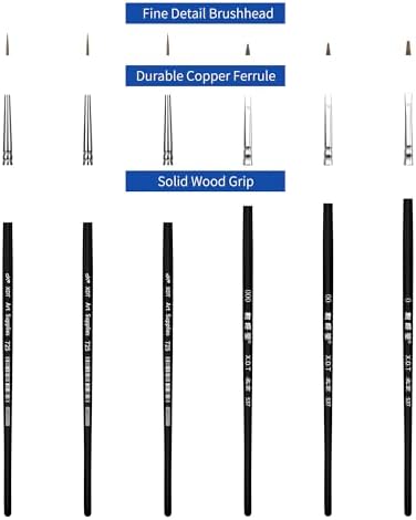 XDT#537#725 Fine Detail Artist Paint Brush 6 Piece Set, Miniature Brushes 4/0,3/0,2/0,1/0 for Micro Painting, Nail Model Acrylic Oil Watercolor, Black