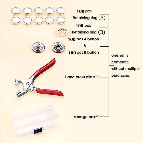 GTAAOY 9.5 mm Metal Snaps Buttons with Snap Pliers, 100 Set, Silver
