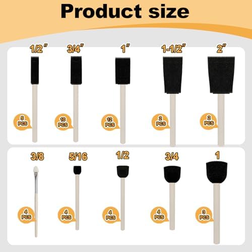50pcs Foam Brush and Round Foam Brush Set with High Density Foam for Acrylic Paint, Staining, Varnish, DIY Craft & Wood Furniture (5/16", 1/2", 3/4", 1", 1-1/2", 2")