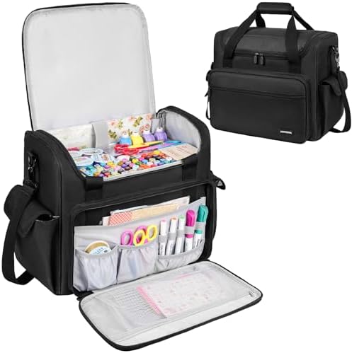 Craft Bag for Scrapbook Supplies, Large Scrapbook Tote with 15.6'' Laptop Sleeve, Art Supply Storage Bag with Multiple Pockets for Scrapbooking Tools, Black
