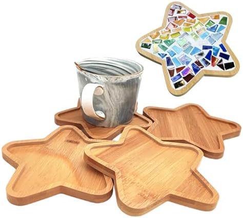 4PCS Mosaic Bamboo Coasters for Crafts, Blank Base Trays, Drinking Cup Coaster, Plant Coaster, Art Plate,DIY Mosaic Supplies (Star)