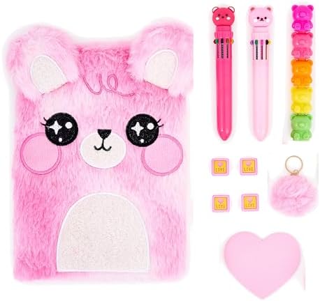 VOTUM Fuzzy Bear Stationery Gift Set for Kids – Plush Notebook, Stackable Highlighters, Click Pens, Sticky Notes & Erasers – Cute Pink Writing Supplies Case