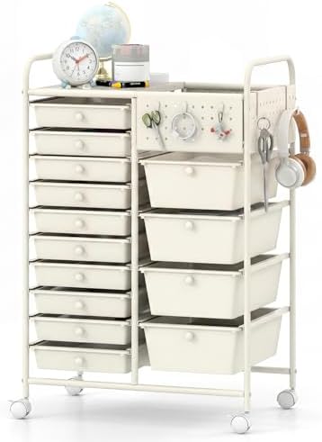 GOFLAME 14-Drawer Rolling Storage Cart with Pegboard, Craft Storage Cart with Lockable Wheels and Metal Frame, Multifunctional Art Cart Supply Storage Organizer for Home Office Classroom, White