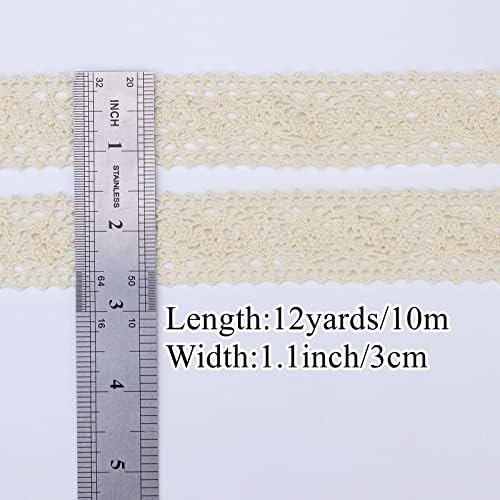 Beige Lace Ribbon 12 Yards Cotton Sewing Lace Trim Crochet for Crafts, Gift Package Wrapping, Bridal Wedding Decoration, Scrapbooking Supplies