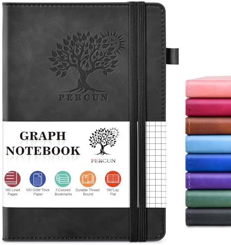 Graph Paper Notebook 5.9"×8.5", 160 Pages Grid Notebook, A5 Graphing Paper | Hardcover Leather Journal for Women & Men,100 Gsm, Grid Spacing 5mm x 5mm, Medium Size, Grid notebook for Work, School, Math