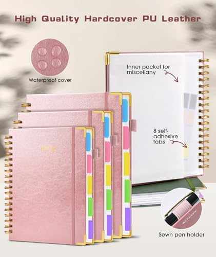 Hardcover Spiral Notebook 8.5"x11" Journal with Removable Dividers Tabs, 300 Pages Leather 5 Subject Notebook College Ruled, Large Notebooks for Work School, Lined Journal for Women, A4 Rose gold