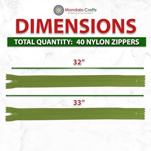Mandala Crafts 40 PCs Olive Green Closed-End 32 in Nylon Zippers for Sewing