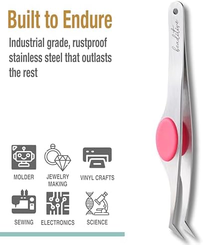 Beaditive High Precision Angled Tip Tweezers with Cushion Grip - 4.7" Craft Tweezers for Sewing, Beading & DIY Crafts - Non-Serrated Jewelry Tweezers with Fine Angled Tips - Stainless Steel (Fuchsia)