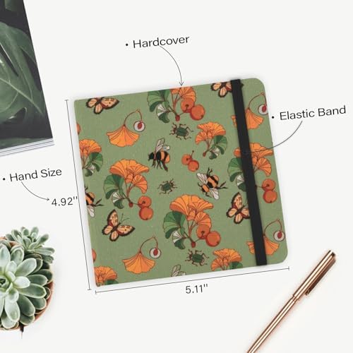 Handy Size 5 x 5 inches Sketch Book, 80GSM Acid Free Artistic Drawing Painting Writing Paper, Hardcover Cloth Cover Art Sketchbook,Journal Notebook.Green Ginkgo Bee