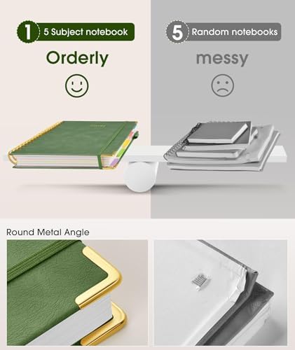Hardcover Spiral Notebook journal with Removable Dividers Tabs, 300 Pages Leather 5 Subject Notebook College Ruled, 100GMS A5 Notebooks for Work School Note taking,Lined Journal for Women,A5-Green