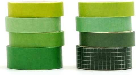 YUBBAEX 8 Rolls Basic Washi Tape Set Solid Color Grid Masking Decorative Tapes for Arts, DIY Crafts, Journals, Planners, Scrapbooking, Wrapping (Forest)