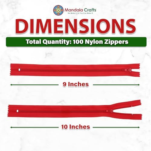 Mandala Crafts 100 PCs Red Closed-End 9 Inches Nylon Zippers for Sewing