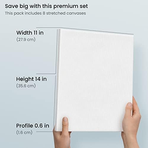 ARTEZA Stretched Canvas 11x14 Inches Pack of 8 – Blank White Canvases for Acrylic, Oil, Gouache Painting – Cotton, Pre-Primed with Gesso