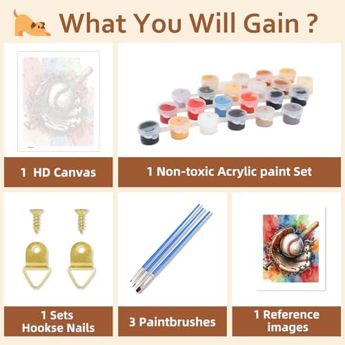 Reivworl Baseball Paint by Numbers Kit for Adults Beginner, 16" Wx20 L Baseball Paint by Number for Adult, Acrylic Painting Kits with Canvas for Gifts and Wall Decor