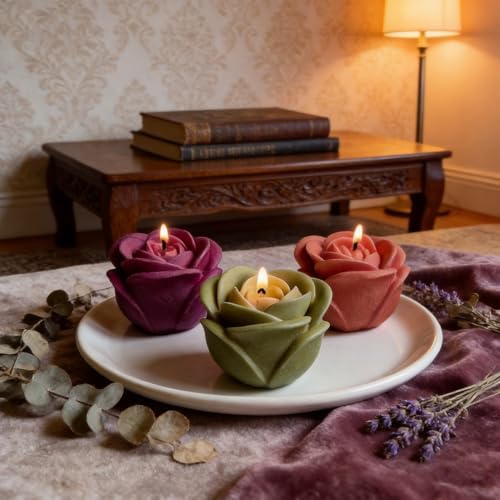 4 PCS Rose Candle Mold Silicone – Flower Shape with Leaf for DIY Soap Resin