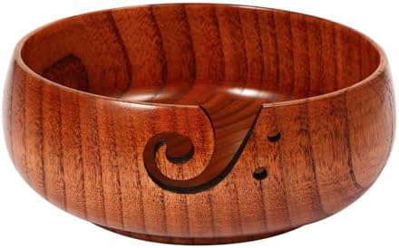 Wooden Yarn Bowl, 8" x 3" Knitting Tool with Holes, Handmade Rounded Edge for Crocheting, Storage Holder for DIY Sewing Supplies