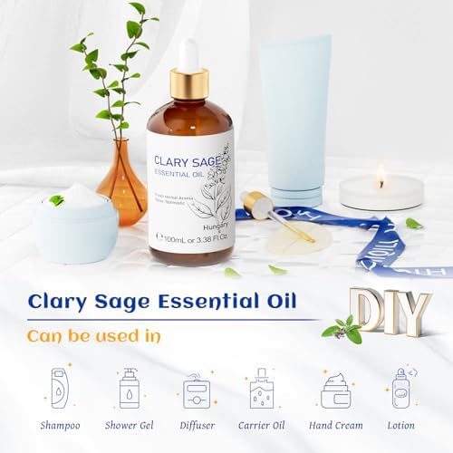 HIQILI Clary Sage Oil Essential, Herbal Sooth Aroma in Diffuse, Meditation, Calming Sleep at Bedtime, Body Massage, Moisturize Skin, DIY Deodorant Spray - 100ML