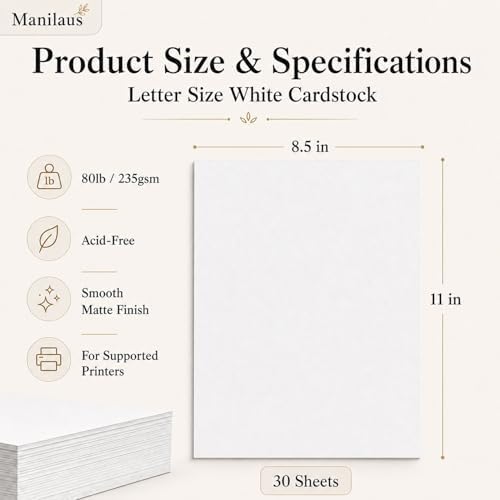 White Cardstock 8.5 x 11, Heavy 80 lb Card Stock Paper, 30 Sheets.