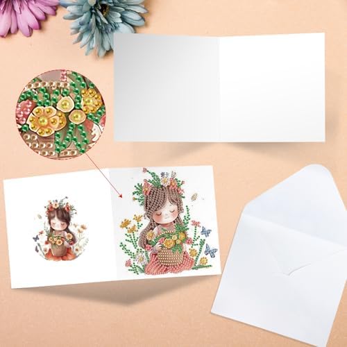 6pcs Diamond Art Painting Kit Greeting Card, Flower Picking Flower Garden 5D DIY Diamond Handmade Holiday Greeting Card with Envelope, Holiday Gift Congratulation