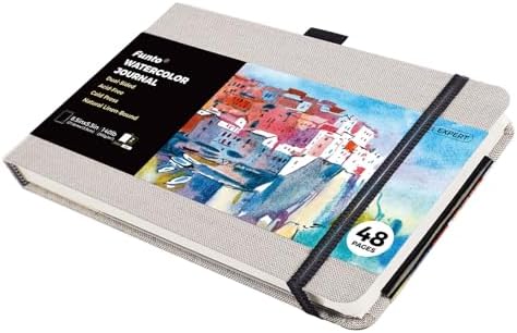 Funto Watercolor Journal, 8.5x5.5, 48 Pages, Cold-Pressed, Inner Paper Pocket and Elastic Band, Art Supplies for Mixed Media