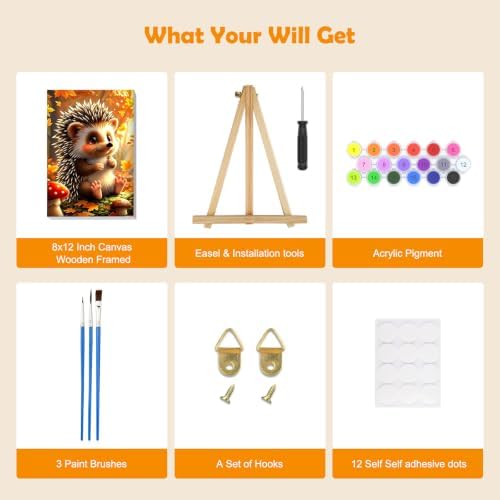 MOGTAA Fall Paint by Numbers Kit for Adults Beginners with Frame, Hedgehog Adult Paint by Number Kits on Canvas with Easel, Easy DIY Autumn Oil Painting Kits for Home Decor, 8x12in