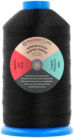 Mandala Crafts Size 207 630D T210 Black Bonded Nylon Thread, 800 YDs
