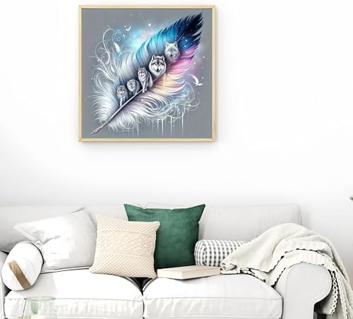 Acelii 5D Diamond Art Kits for Adults Beginners,Wolf Pack Feather DIY Full Round Drill Diamond Painting Kits, Paint by Diamonds Dots Gem Art Easy,Home Wall Decor 14X14 Inch