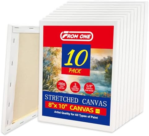 10-Pack 8x10 Stretched Canvas 100% Cotton for Acrylic & Oil | 100% cotton with seek husk, 5/8" deep frame, triple acid-free primed for acrylic, oil & gouache (Beginners, Students)