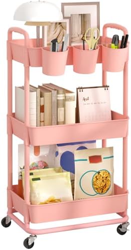 JIUYOTREE 3-Tier Plastic Rolling Storage Cart Utility Cart Pink