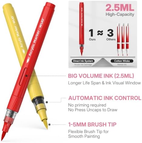 WUO Acrylic Paint Markers Brush Tip 36 Colors, Automatic Ink Control