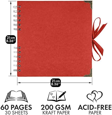 Bstorify Square Scrapbook Photo Albums 8 x 8 Inch Red Thick Paper, Hardcover, Metal Corners, Ribbon Closure - Ideal for Your Scrapbooking Albums, Art & Craft Projects | Hardcover with Thick 200 GSM Kraft Paper, Ideal for Your Scrapbooking Albums, Art &...