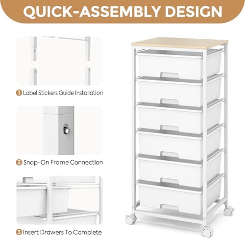 6 Drawer Rolling Storage Cart with Wooden Top and Wheels for Crafts,White