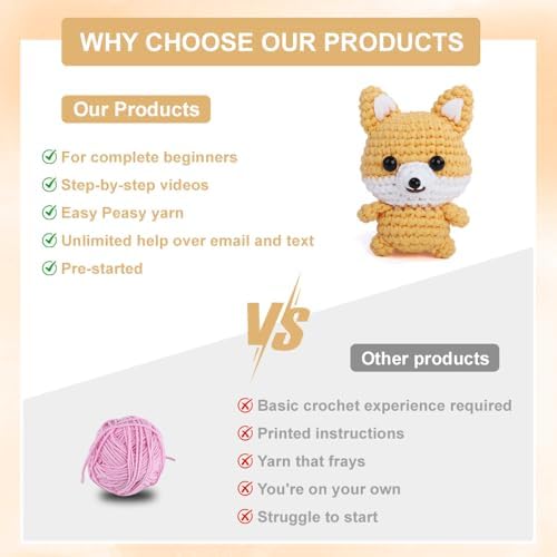 Autglint Fox Crochet Kit for Beginners, Amigurumi Animal DIY Knitting Kit with Step-by-Step Video Guides, Learn to Crochet Kit for Adults & Kids with Pre-Started Yarn - Orange Fox