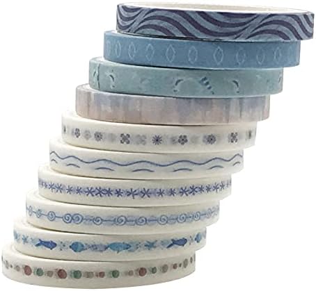 Vintage Pattern 5mm Wide Skinny Washi Tapes Set, 10 Rolls Blue Japanese Masking Decorative Tapes for Bullet Journal Planners DIY Decor Crafts Arts Scrapbooking Adhesive