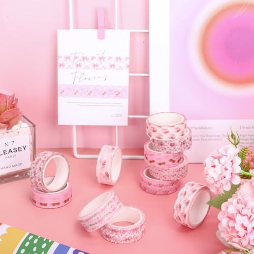 JarThenaAMCS 12 Rolls Pink Bow Washi Tape Cherry Bowknot Decorative Masking Tape Set Coquette Wrapping Paper Tapes for Valentine's Day Scrapbook Journal DIY Art Crafts