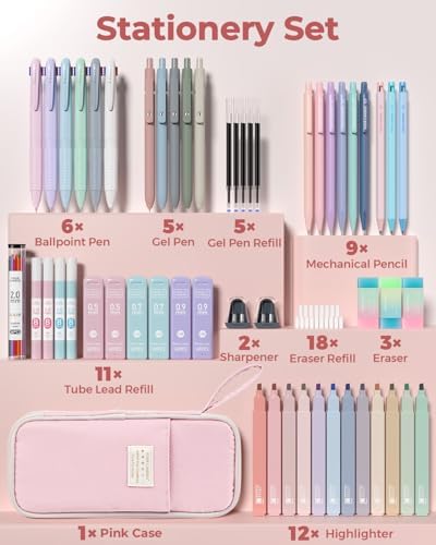 Four Candies 56PCS School Supplies with Pencil Case, Stationery Set, Pink