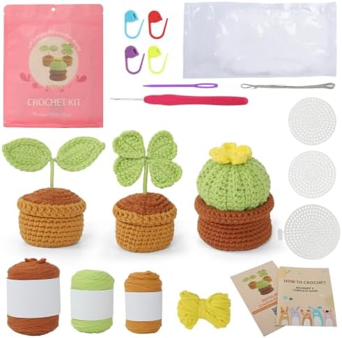 Autglint Potted Plant Crochet Kit for Beginners, Learn to Crochet Starter Kit with Pre-Started Yarn & Easy-to-Follow Video Tutorials, DIY Amigurumi Animal Kit for Adults Kids Gift