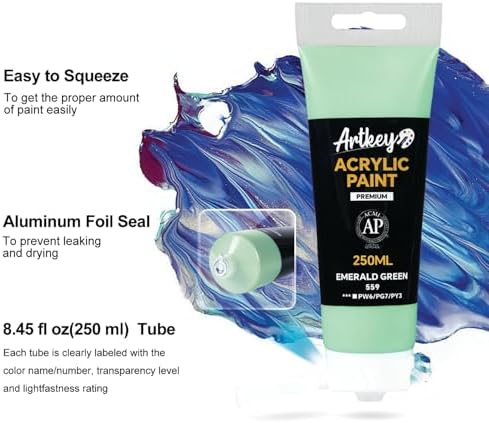 Artkey Acrylic Paint - Emerald Green (250 ml/8.45 oz) Tubes, Rich & Vibrant Pigments, Professional Artists Acrylic Paints - Art Supplies for Canvas Wood Rock Clay Fabric Ceramics Art Crafts Painting